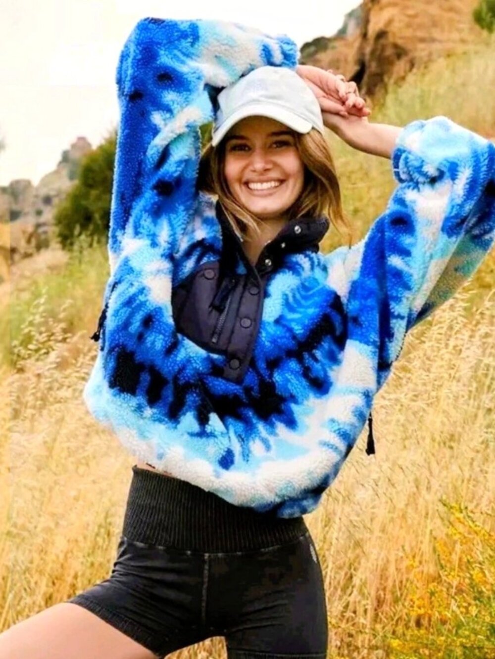 Free People Rocky Ridge oversized cropped fleece pullover jacket Ocean Tiedye XS